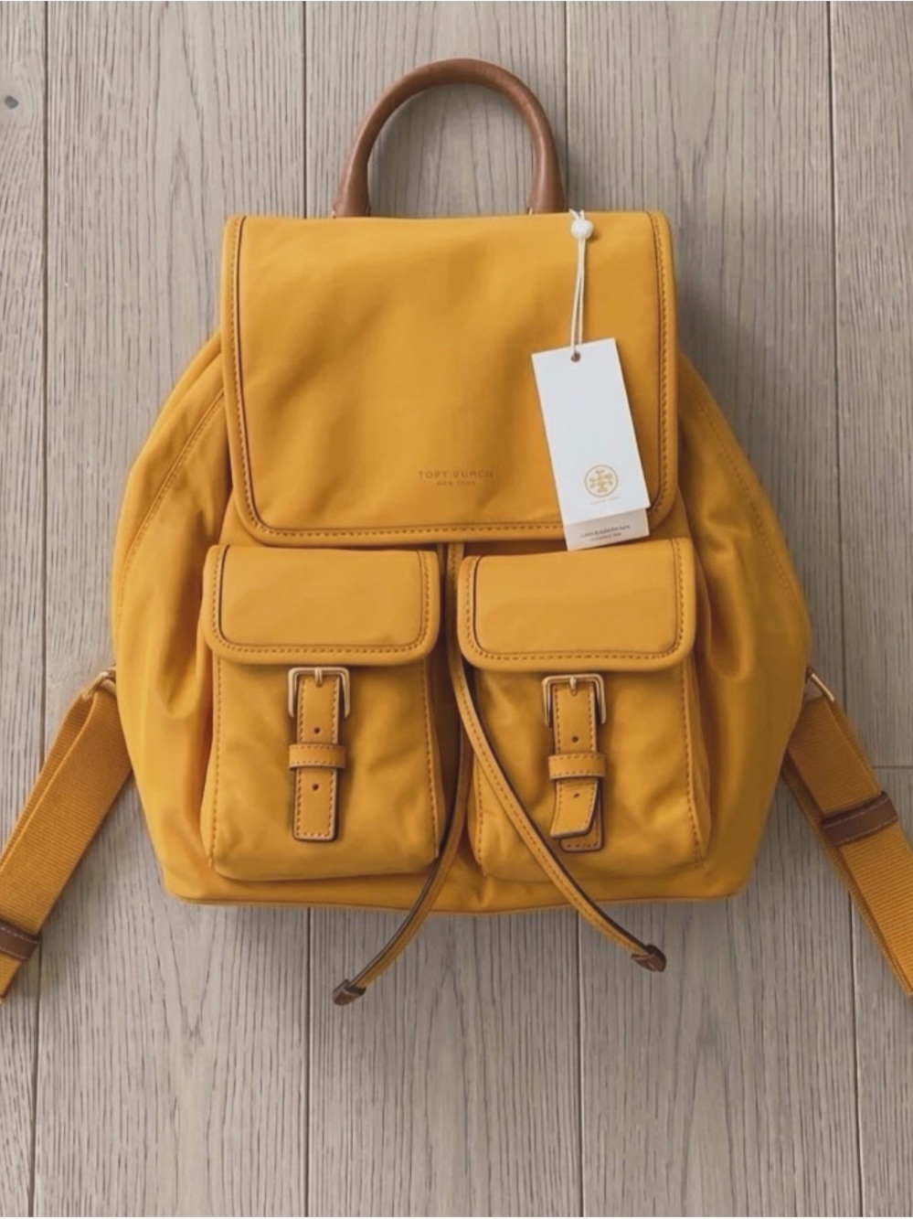 Tory Burch Mustard Yellow Buckle Pocket Backpack